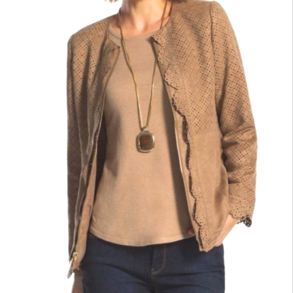 Chico's Tan Novelty Perforated Zip Up Blazer/jacket Size Women's 2